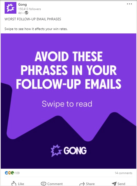 Captura de pantalla del contenido de LinkedIn de Gong que muestra los colores de marca púrpura, rosa y verde