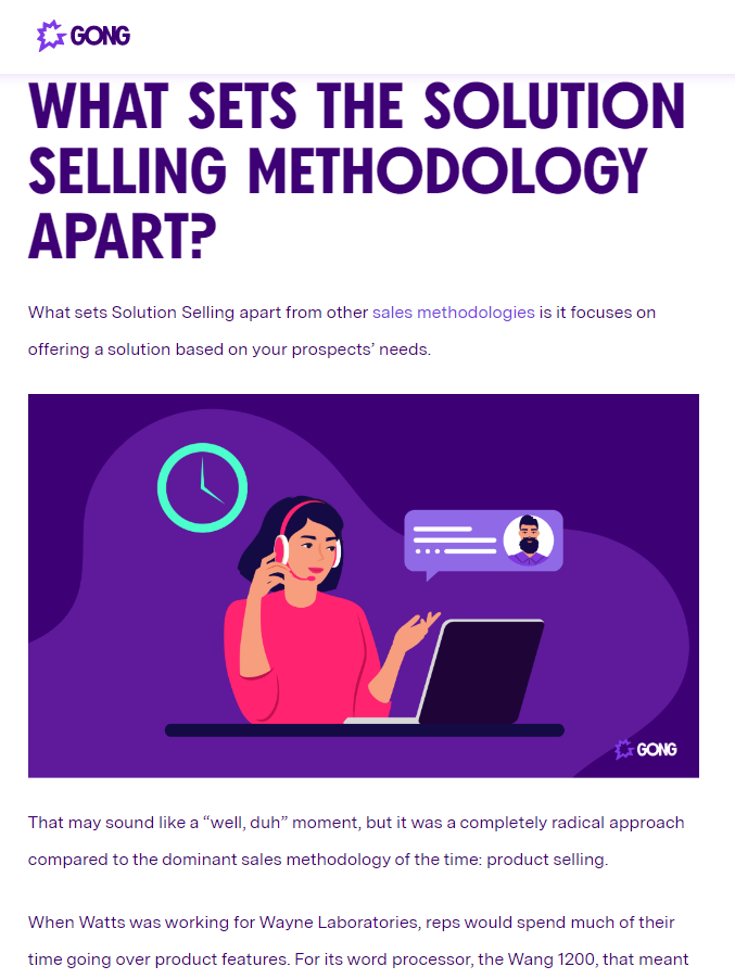 Captura de pantalla de la publicación de blog de Gong que muestra los colores de la marca púrpura, rosa y verde y un tono de voz parlanchín