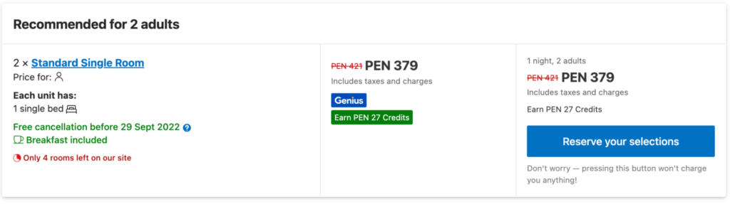 Captura de pantalla de Booking alertando a los clientes sobre la disponibilidad de habitaciones a tarifas bajas para la oferta por tiempo limitado