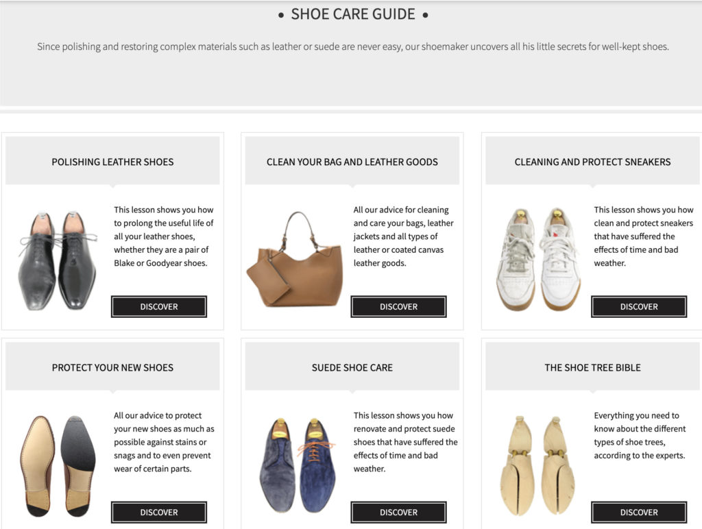 Captura de pantalla de la página de contenido educativo de Monsieur Chaussure sobre cómo cuidar una diversa selección de productos