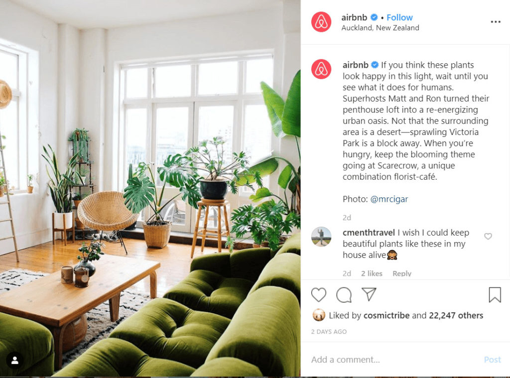 Captura de pantalla de la publicación de Instagram de Airbnb que menciona a uno de sus socios de alojamiento