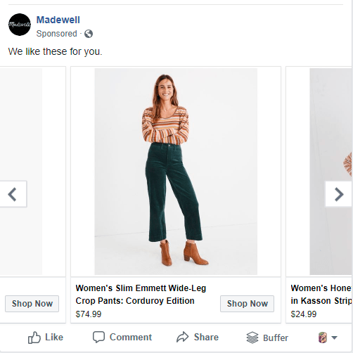 Captura de pantalla de Madewell personaliza los anuncios de remarketing en las redes sociales según la actividad de un usuario en su sitio