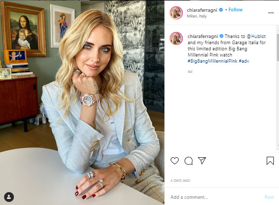 Captura de pantalla de la publicación de Instagram de Chiara Ferragni promocionando Hublot