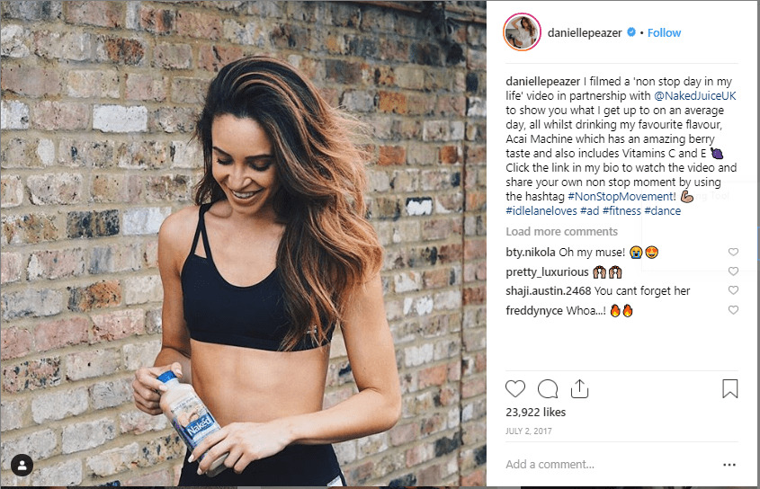 Captura de pantalla de la publicación de Instagram de Danielle Peazer promocionando Naked Juice UK
