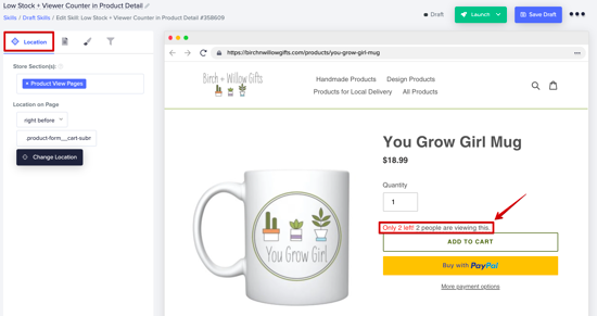 Captura de pantalla de una tienda que muestra que un producto está a punto de agotarse para que las personas hagan clic en el botón Comprar antes de que alguien más lo haga.