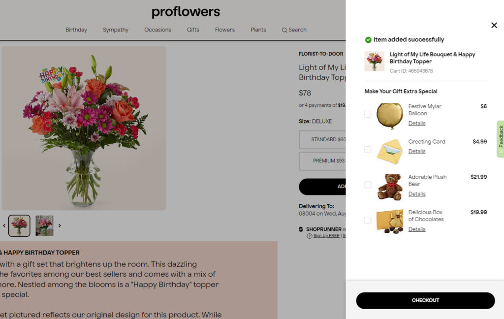 Proflowers 체크아웃 페이지 스크린샷