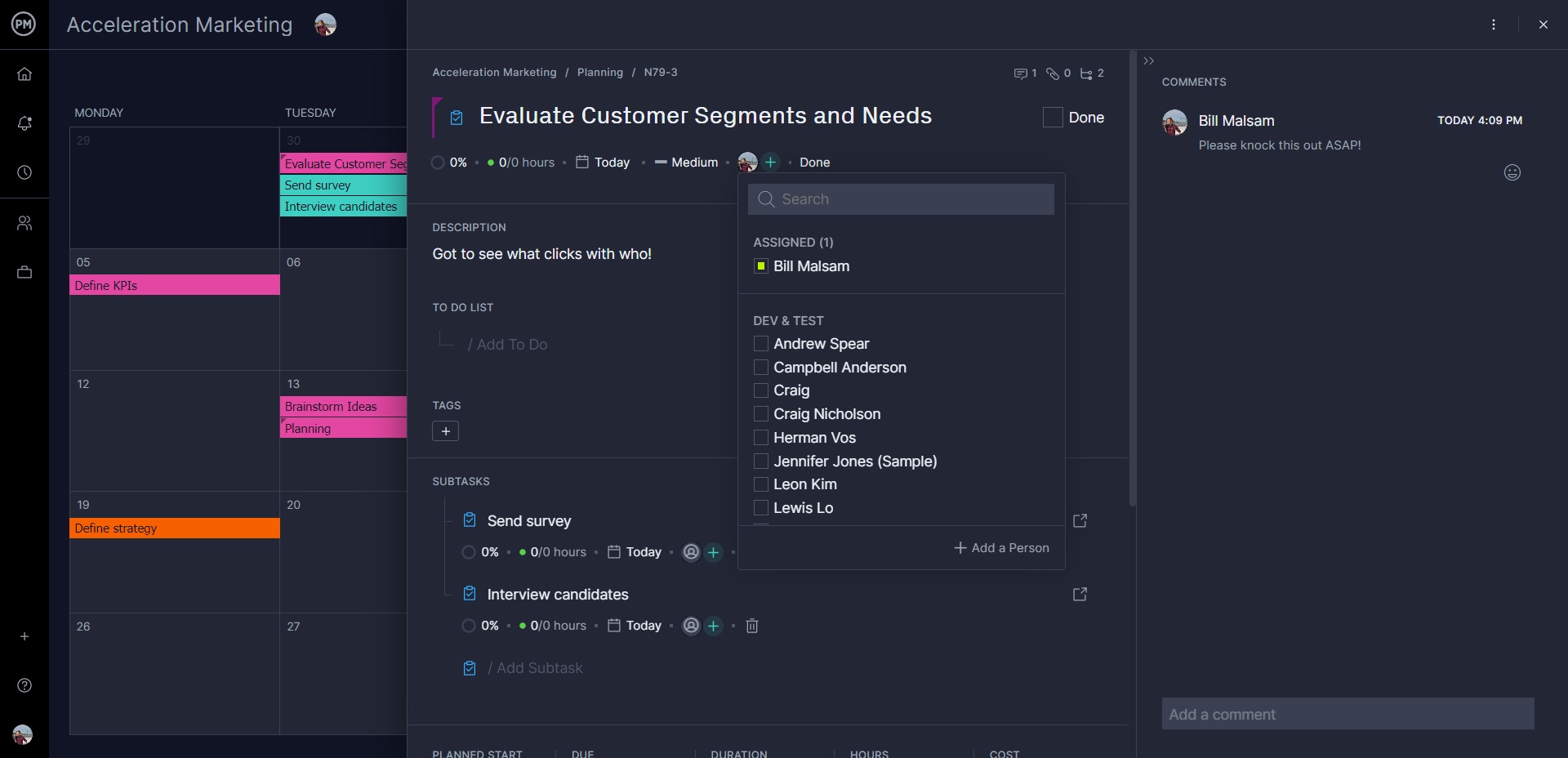 Kalenderansicht des ProjectManagers mit Zuordnungs-Popup-Fenster