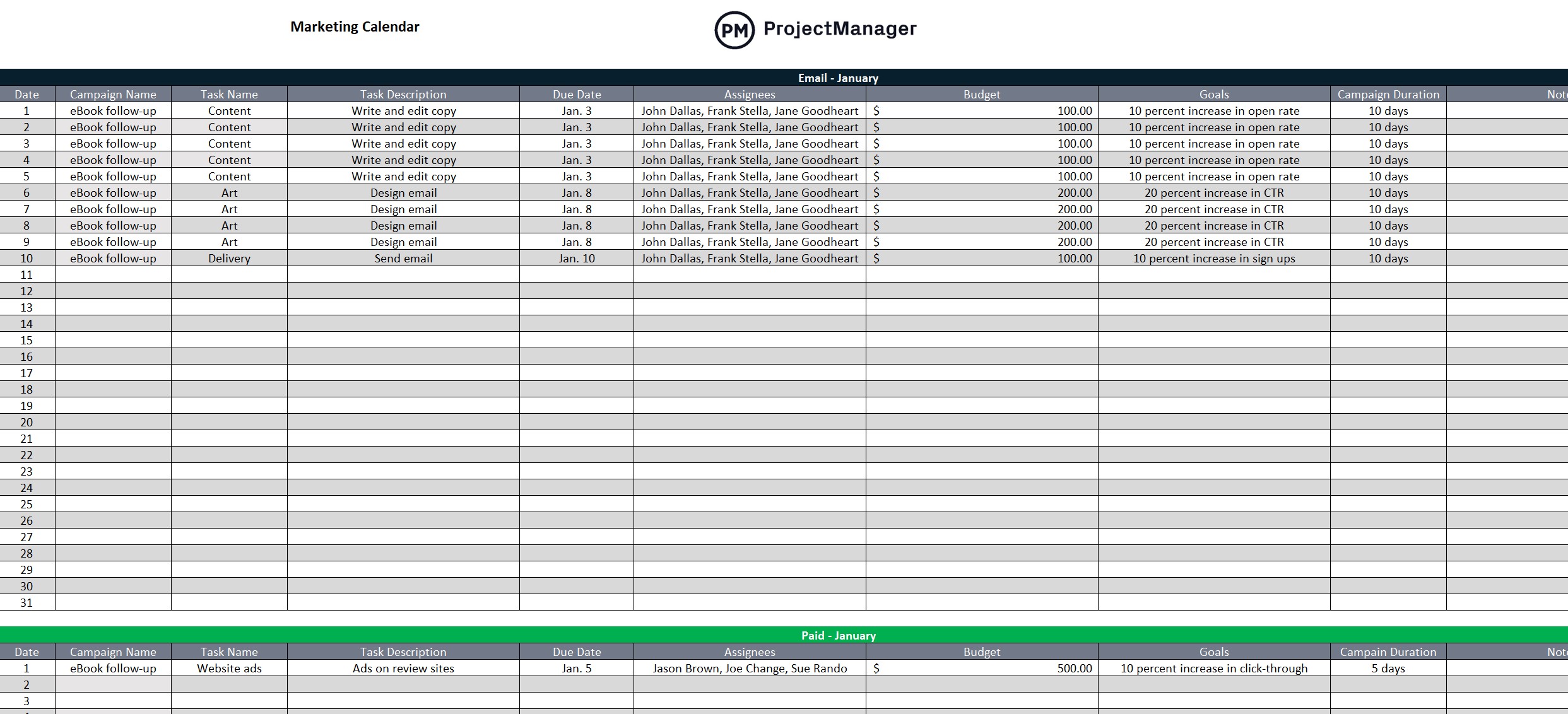 Kostenlose Vorlage für Marketingkalender im ProjectManager
