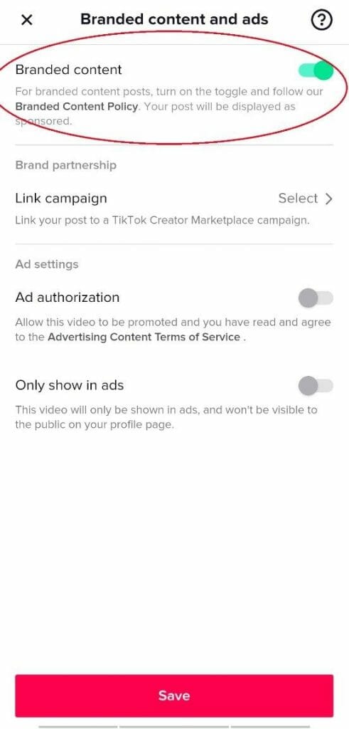 ブランドコンテンツのtiktokを有効にする