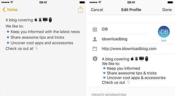 Copiar texto en la biografía