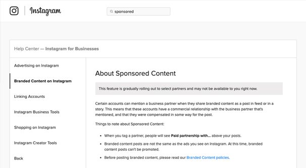 Regole dei contenuti sponsorizzati da IG