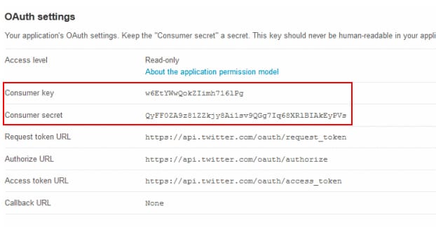 Exemplu de cheie de acces Twitter