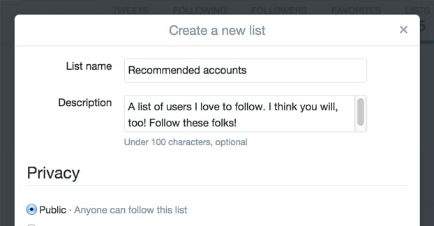 Crearea listei Twitter