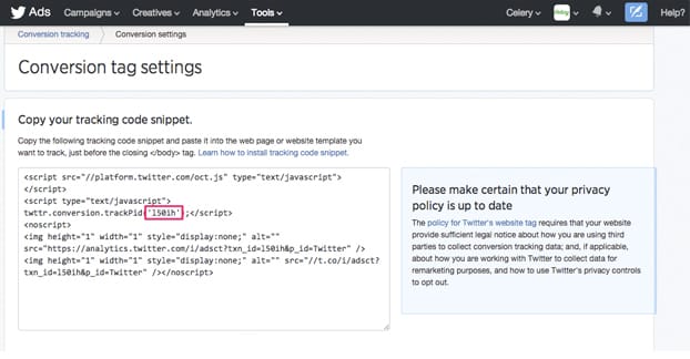 Setări etichete de conversie Twitter