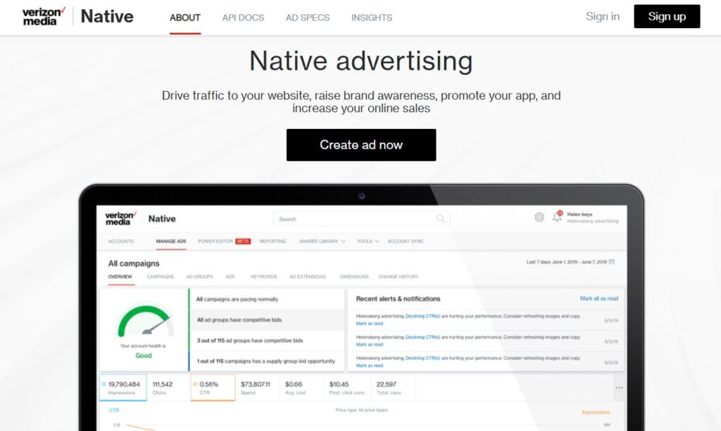 야후 제미니 - Verizon Media 네이티브 광고 네트워크