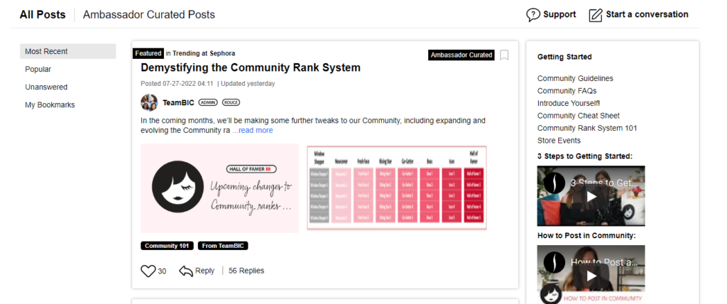 Tangkapan layar Postingan dan Percakapan Komunitas Sephora