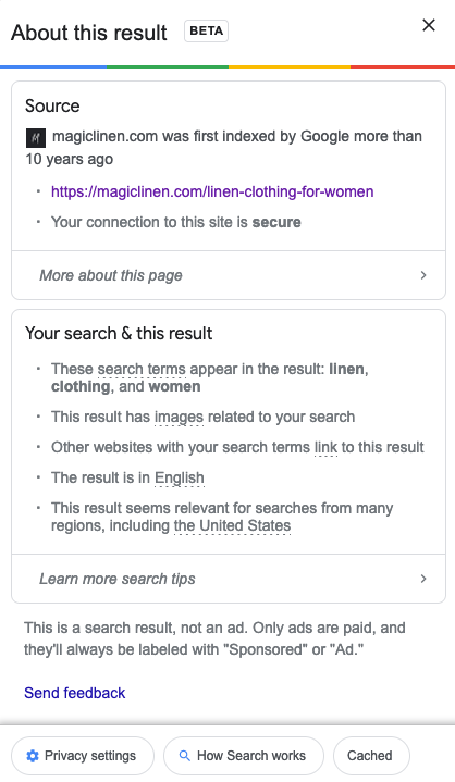 Google'ın MagicLinen'in web sitesini Arama Sonucunda ilk sıraya getirme nedenlerinin ekran görüntüsü