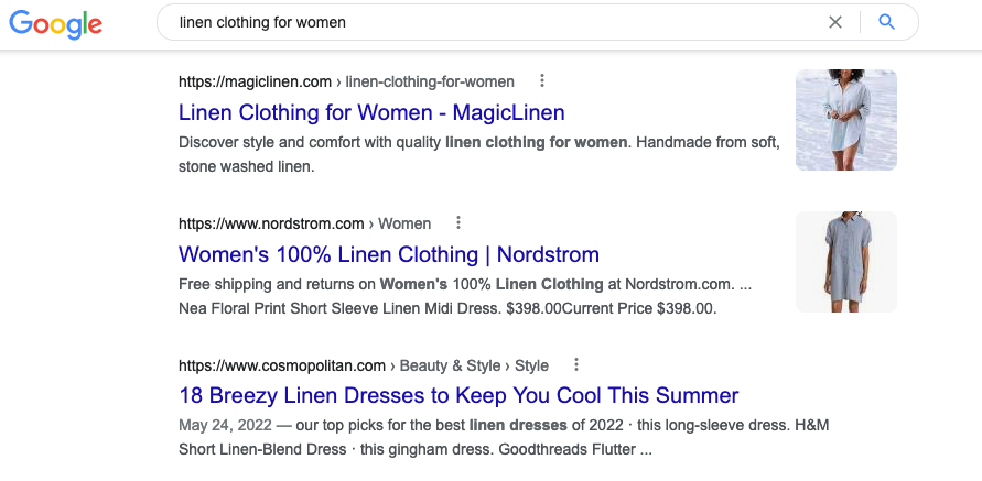 MagicLinen markasının "kadınlar için keten giysiler" ifadesi için milyarlarca dolarlık perakendeci Nordstrom'u geride bıraktığını gösteren Google Arama Sonucunun Ekran Görüntüsü