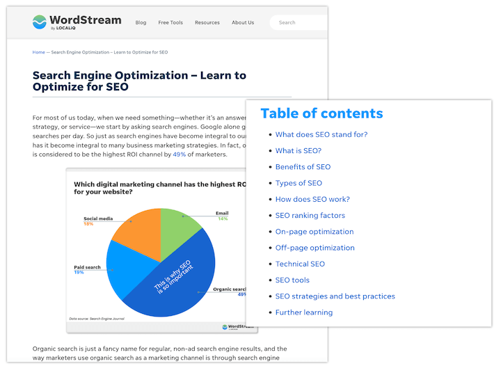 Wordstream ile SEO sütun sayfası örneği