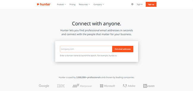 Pagina iniziale di Hunter.io