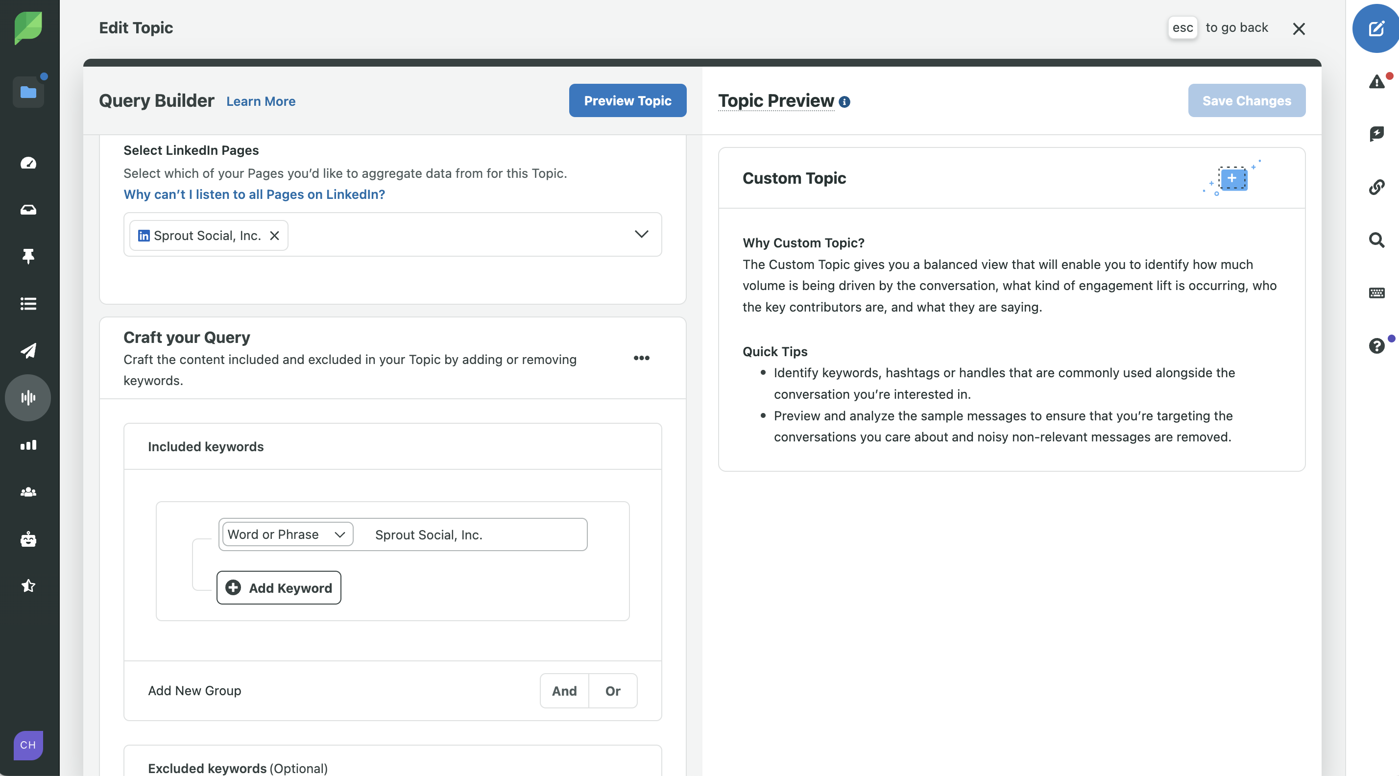 Ein Screenshot der Erstellung einer LinkedIn Listening-Abfrage im Listening-Tool von Sprout.