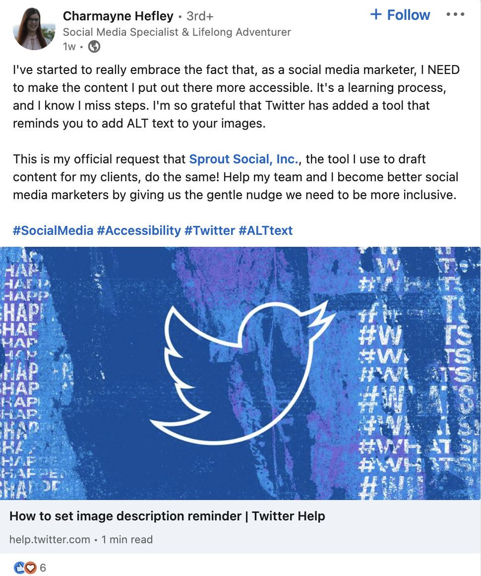 Ein Screenshot eines LinkedIn-Beitrags, in dem es um Erinnerungen zum Hinzufügen von Alt-Text zu Tweets geht.