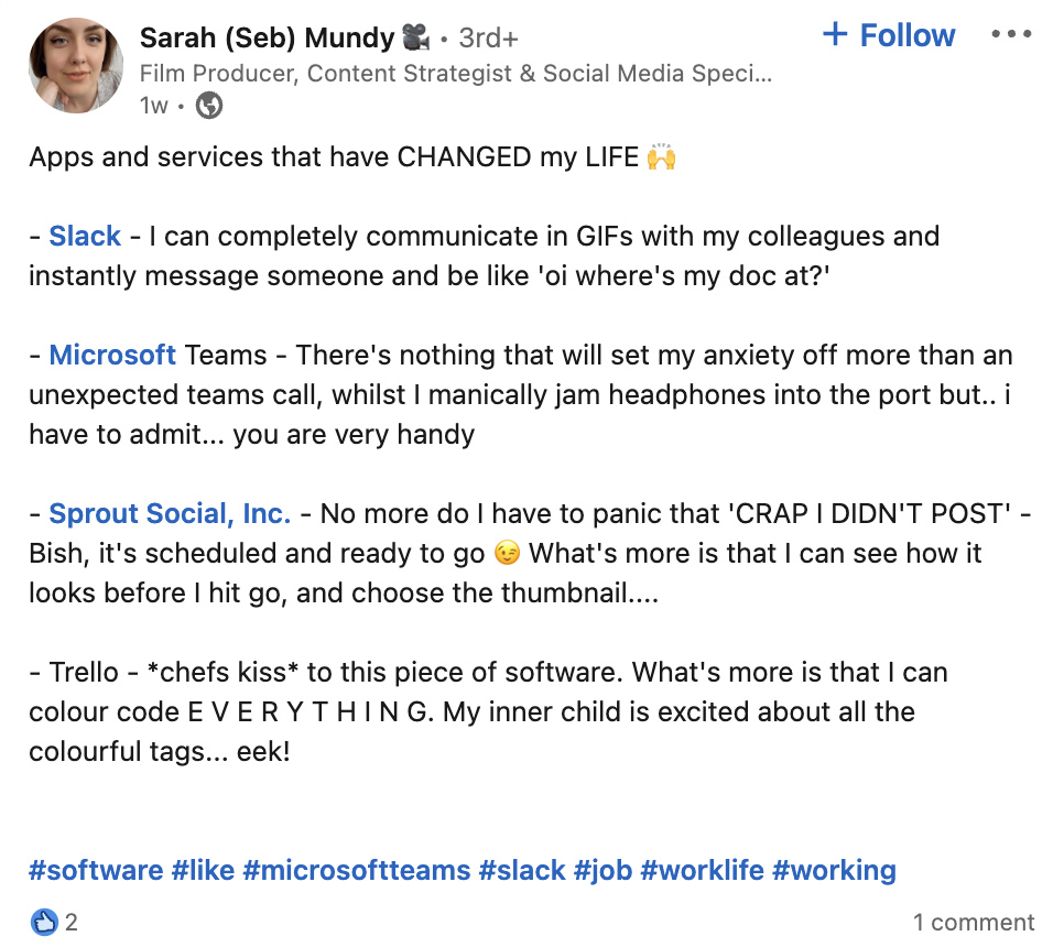 Screenshot eines LinkedIn-Beitrags, der die Lieblingstools eines Experten auflistet, einschließlich Sprout Social