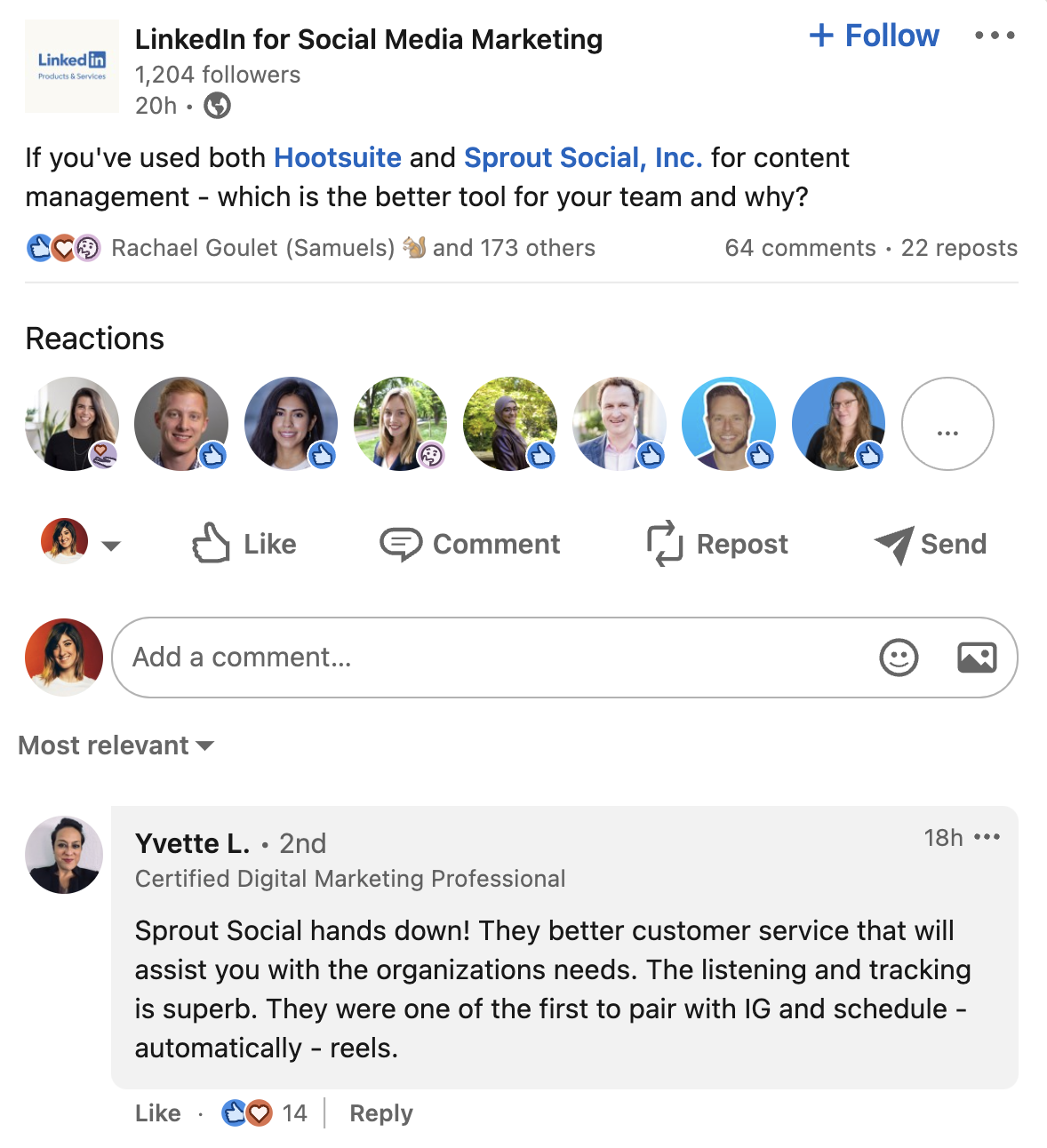 Screenshot eines LinkedIn-Beitrags, in dem Sprout Social und Hootsuite verglichen werden