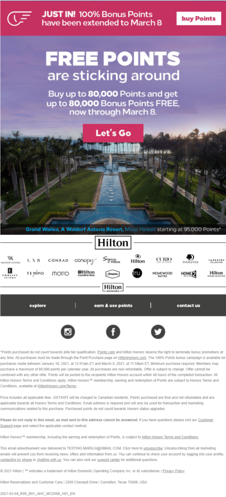 Hilton Honors loyalty email for hotels