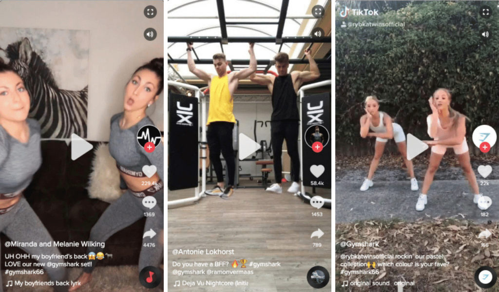 Screenshot von TikTok-Influencern wie den Wilking Sisters, Antonie Lokhorst und Rybka Twins, die mit Gymshark zusammenarbeiten