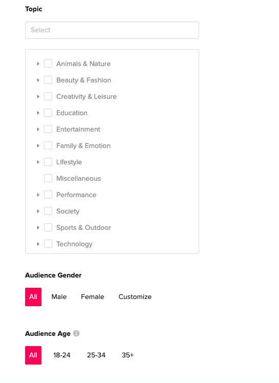 Screenshot der erweiterten Suchfunktion des TikTok Creator Marketplace