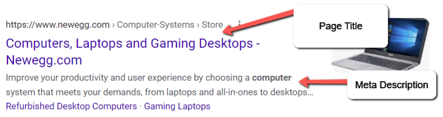 Google SERP'lerinde "bilgisayarlar" için örnek bir meta açıklamanın ekran görüntüsü.