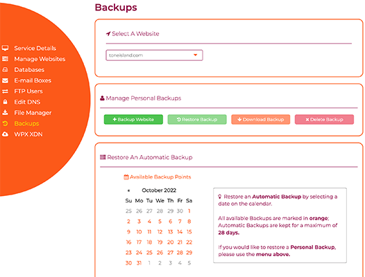 WPX 自動および手動バックアップ