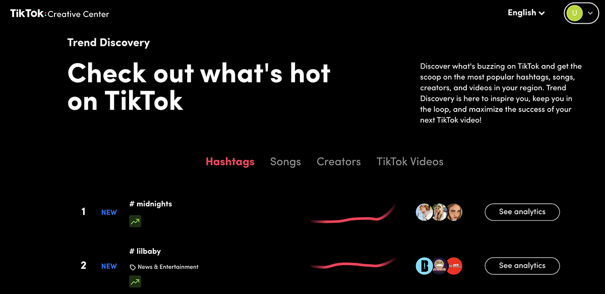 TikTok Creative Center - hashtags de tendências