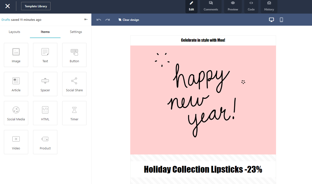 Exemplu de generator de șabloane de e-mail Moosend new year email templates