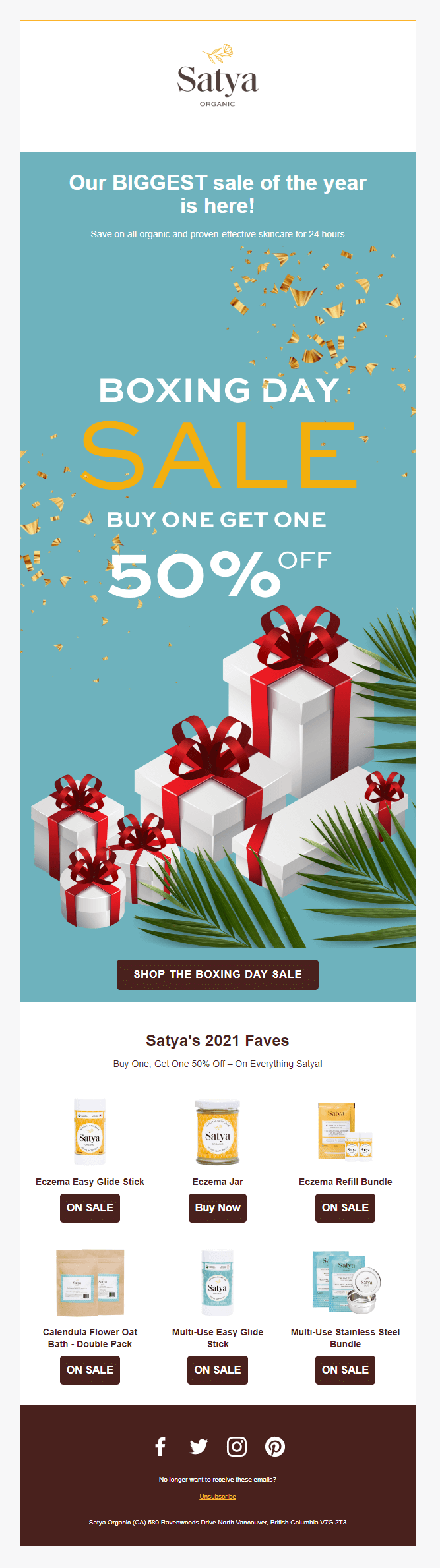 แคมเปญอีเมล Boxing Day โดย Satya Organic boxing day email examples