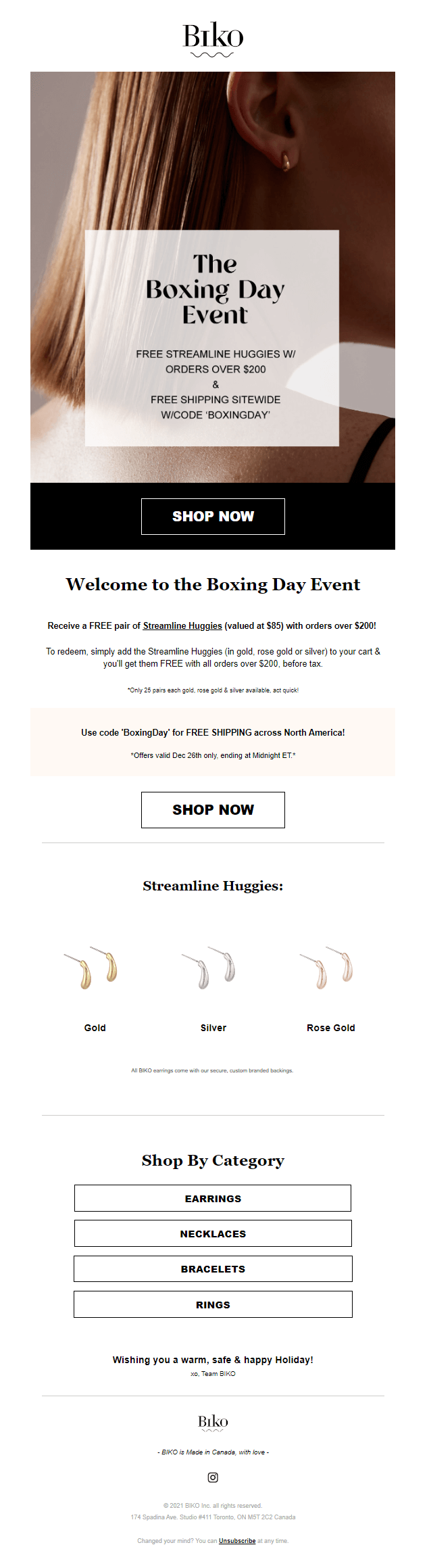 ตัวอย่างการตลาดทางอีเมลของ BIKO สำหรับวัน Boxing Day BIKO email marketing example for Boxing Day