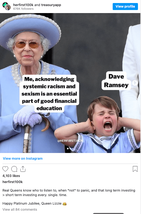 Postare de colaborare pe Instagram între herfirst100k și aplicația de trezorerie care prezintă un meme despre economia Regatului Unit