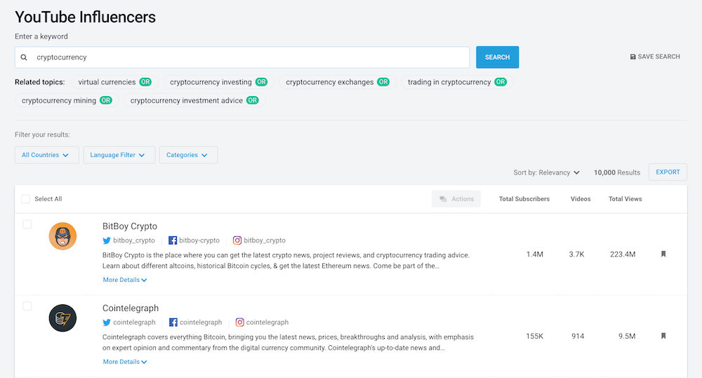 المؤثرون على YouTube - BuzzSumo Influencer Search YouTube Influencers - BuzzSumo Influencer Search