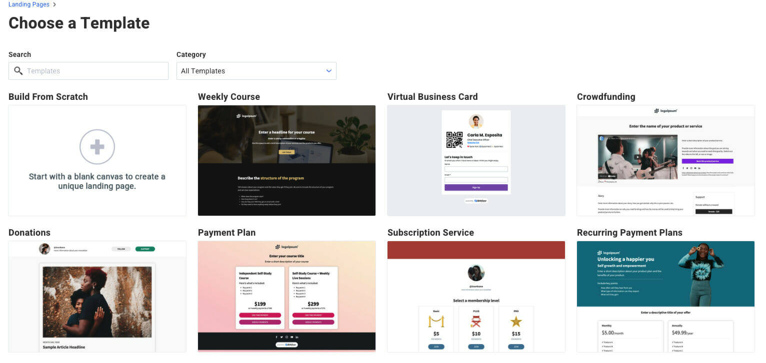AWeber 시작하기 -- 템플릿 페이지 선택