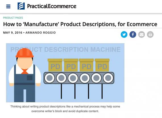 Screenshot from the Practical Ecommerce article, "How to 'Manufacture' Product Descriptions, for Ecommerce.