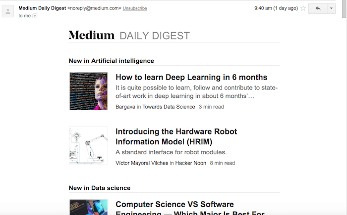 Campagne par e-mail - Exemple de newsletter - Medium Daily Digest