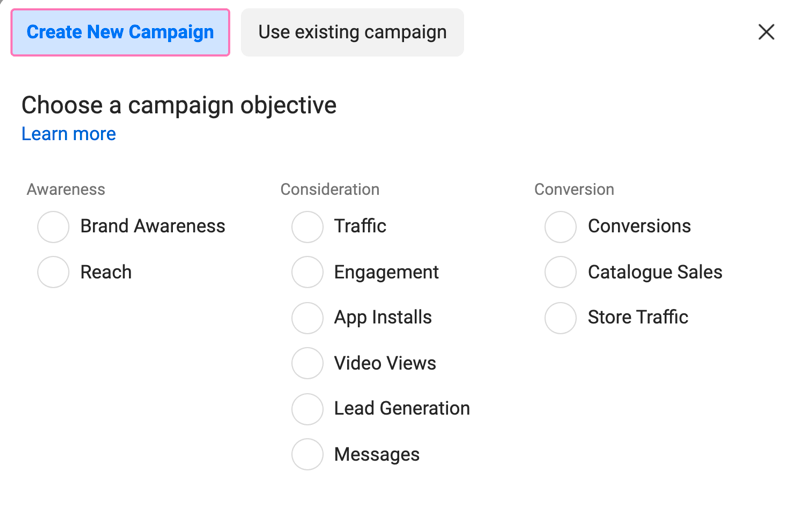 Zrzut ekranu celu kampanii reklamowej