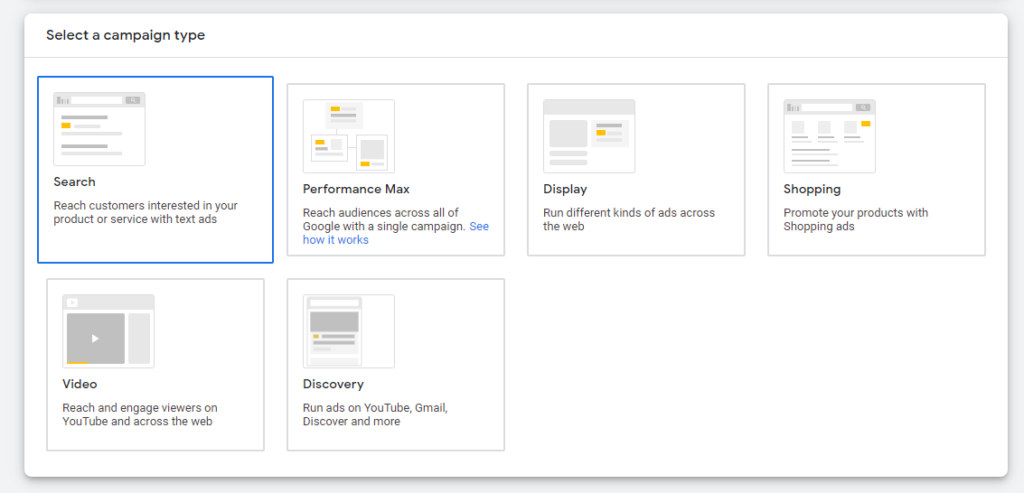 Zrzut ekranu przedstawiający typ kampanii Google