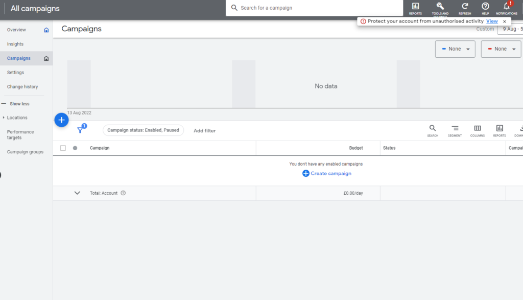 Zrzut ekranu tworzenia kampanii Google Ads