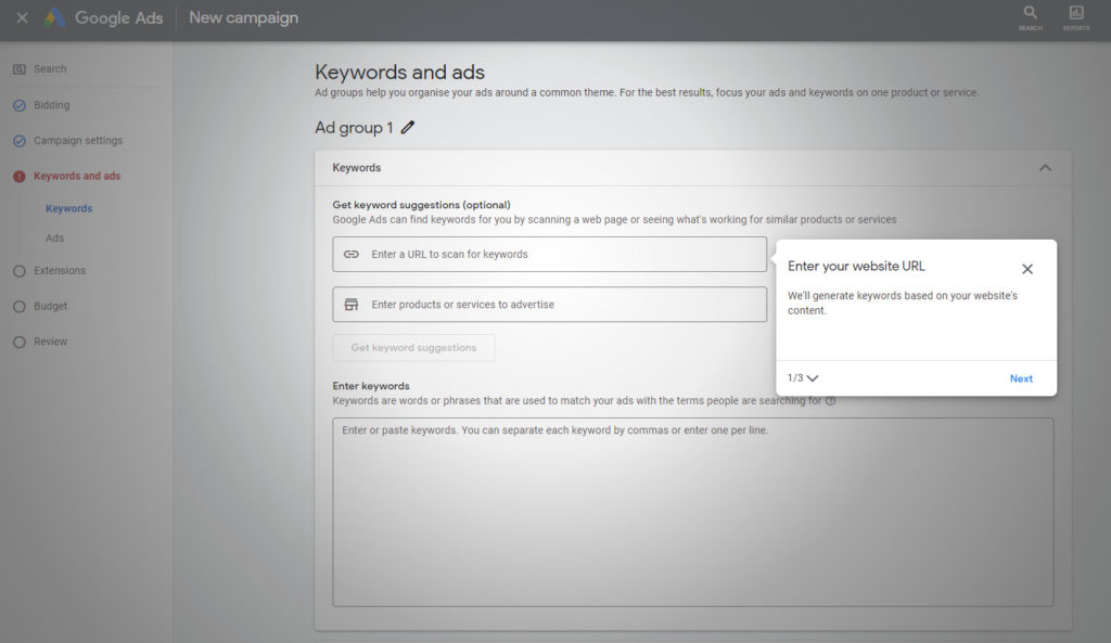 Zrzut ekranu słów kluczowych i reklam Google