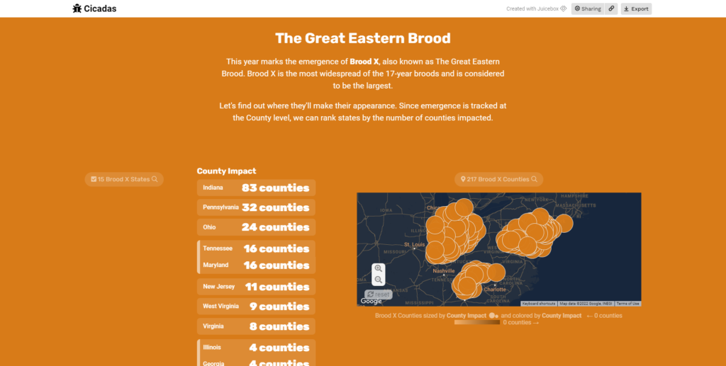 Captura de pantalla de Cicadas Data Story Climax que muestra la cantidad de condados de EE. UU. que se verán afectados por las cigarras periódicas.