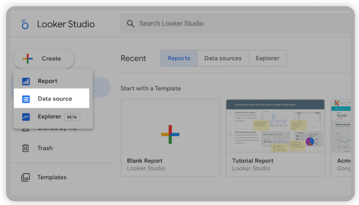 google data/looker studio - utwórz nowe źródło danych