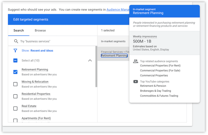 targetowanie reklam google - przykład segmentu rynku