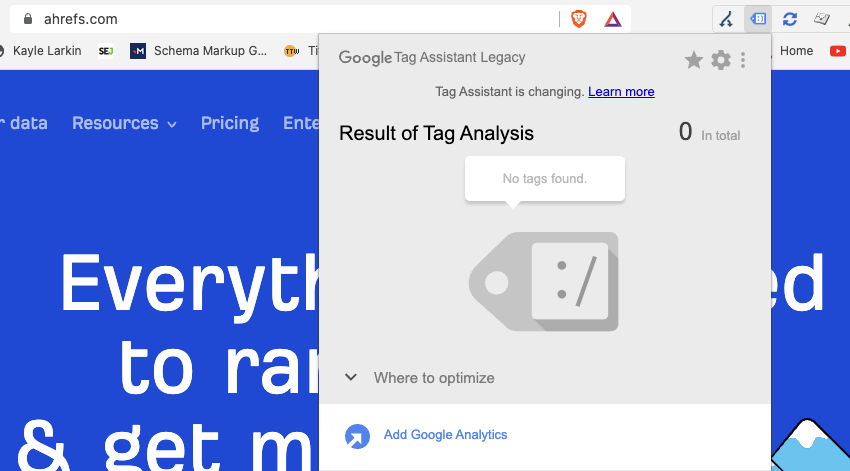 Ahrefs web sitesinde Google Analytics yok, eski google etiketi örneği